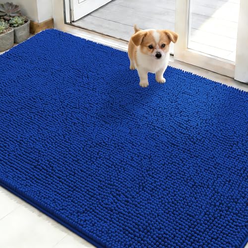 OLANLY Dog Door Mat for Muddy Paws 48x30, Absorbs Moisture and Dirt, Absorbent Non-Slip Washable Doormat, Quick Dry Chenille Mud Mat for Dogs, Entry Indoor Entryway Carpet for Inside Floor, Royal Blue