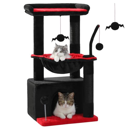 PEQULTI 4-in-1 Gothic Cat Tree, 33'' Cat Tower for Indoor Cats with Large Condo, Cat Scratching Post for Cats with Deep Hammock& Cozy Top Perch,Black