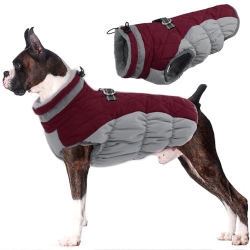 Lelepet Dog Coat Warm Dog Winter Coat Waterproof Dogs Jacket with Harness Built in Reflective Pet Fleece Vest Zip-Up Cold Weather Coats for Large Dogs Turtleneck & Windproof Boston Terrier Wine Red L