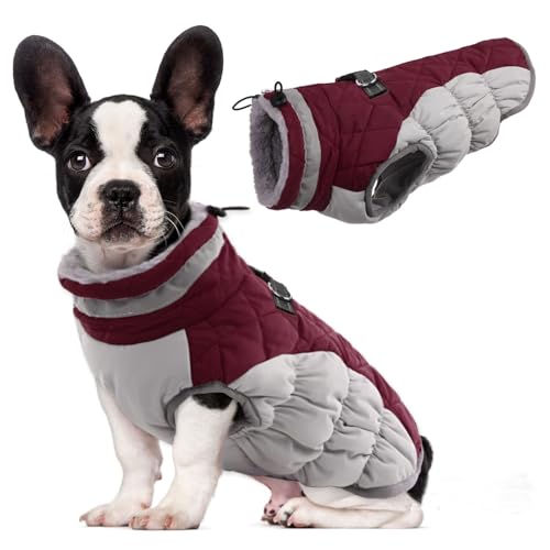 Lelepet Dog Coat Warm Dog Winter Coat Waterproof Dogs Jacket with Harness Built in Reflective Pet Fleece Vest Zip-Up Cold Weather Coats for Medium Dogs Turtleneck Windproof Coats Dachshund Wine Red M