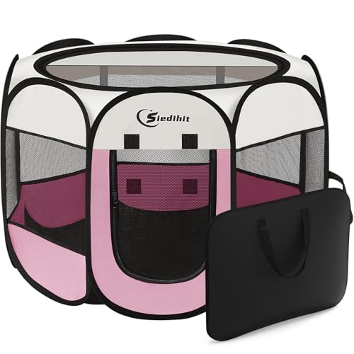 Pink Puppy Playpen for Middle Dog Cat, Dog Tent Crates Cage Indoor/Outdoor, Portable Pop Up Dog Kennel with Carrying Bag for Rabbits, Removable Top (Pink, Medium (36" x 36" x 23"))