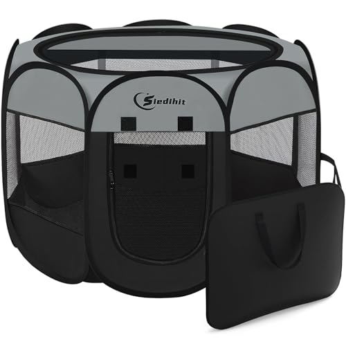 Dark Grey Puppy Playpen for Middle Dog Cat, Dog Tent Crates Cage Indoor/Outdoor, Portable Pop Up Dog Kennel with Carrying Bag for Rabbits, Removable Top (Dark Grey, Medium (36" x 36" x 23"))