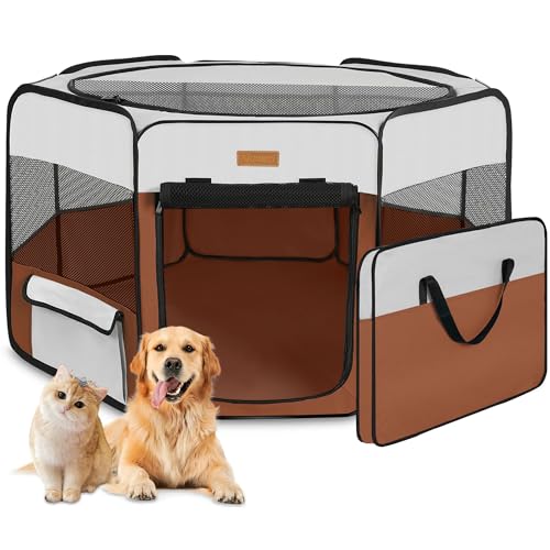 Dog Playpen, Portable Pet Play Pen for Cat, Puppies, Rabbits, Chickens, Foldable Large-Capacity Pet Tent for Indoor/Outdoor Travel Camping Brown
