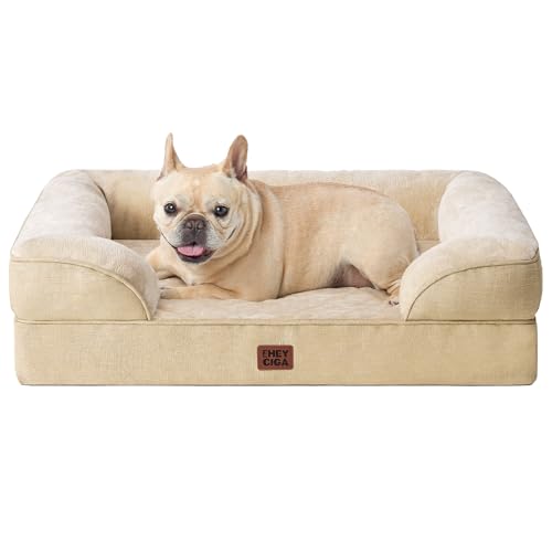 EHEYCIGA Orthopedic Dog Bed for Medium Dogs, Waterproof Memory Foam Medium Dog Beds with Sides, Non-Slip Bottom and Egg-Crate Foam Pet Couch Bed with Washable Removable Cover, Greige