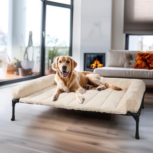 Veehoo Cooling Elevated Dog Bed + Removable Fluffy Pillow-Top Mat, Plush Raised Dog Bed with Bolster, Breathable Mesh, No-Slip Feet, Portable Pet Cot for Indoor & Outdoor, 42" x30", Large, CWC2331E