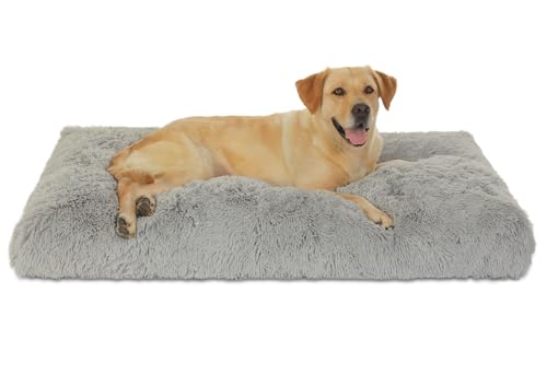 Bedfolks Waterproof Dog Crate Pad, Extra Large, Plush Faux Fur Washable Dog Kennel Bed 41"x27", Solid Light Grey