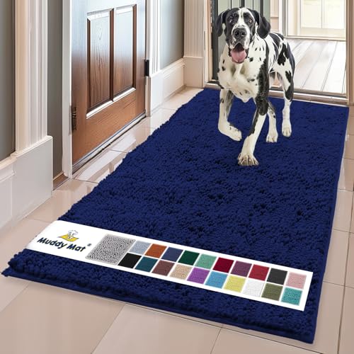 Muddy Mat AS-SEEN-ON-TV Highly Absorbent Microfiber Dog Door Mat and Pet Rug, Non Slip Thick Washable Area and Bath Mat Soft Chenille for Kitchen Bathroom Bedroom and Indoor- Navy Blue Runner 24"X60"