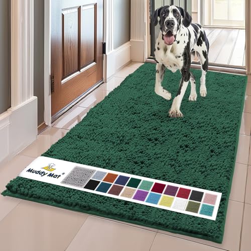 Muddy Mat AS-SEEN-ON-TV Highly Absorbent Microfiber Dog Door Mat and Pet Rug, Non Slip Thick Washable Area and Bath Mat Soft Chenille for Kitchen Bathroom Bedroom and Indoor-Dark Green Runner 24"X60"