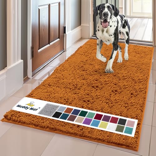 Muddy Mat AS-SEEN-ON-TV Highly Absorbent Microfiber Dog Door Mat and Pet Rug, Non Slip Thick Washable Area and Bath Mat Soft Chenille for Kitchen Bathroom Bedroom and Indoor - Orange XL 35" x 60"