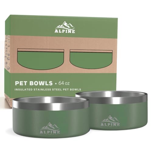ALPINE Set of 2 Stainless Steel Dog Bowls, Non Slip, Metal Pet Bowl for Food and Water, Double Walled Insulated, Rustproof, Dishwasher Safe (64 oz, White)