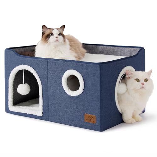 Bedsure Large Cat Beds for Indoor Cats - Extra Wide Cat Cube House for Small Pet with Fluffy Ball Hanging and Scratch Pad, Foldable Pet Cave Hideaway for Multiple Cats, 23.6x16.9x13 inches, Blue