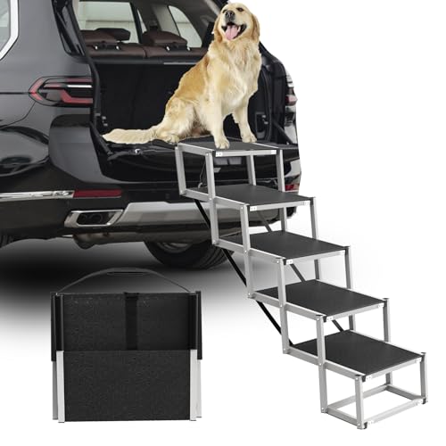 Dog Stairs for Large Dogs - 5 Step Wide 16in High 34in Foldable Dog Ramp for Car Non-Slip Surface Support up to 230lbs - Suitable for SUV,Truck, Sofas, Bed