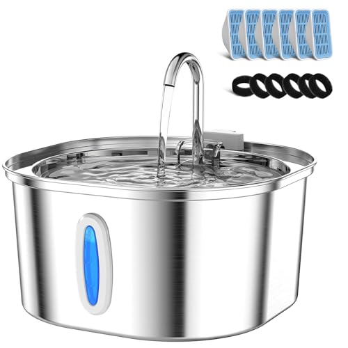 Cat Water Fountain - 3.2L/108oz Stainless Steel Pet Water Drinking Fountain for Cats Indoor, Dog Water Fountain with Water Level Window and 6 Filters + 6 Sponges