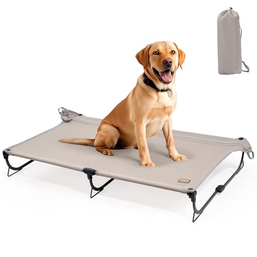 Daisy Cot, Large Foldable Elevated Dog Bed, Portable Raised Outdoor Folding Dog Cot, Cooling, Chew Proof, Waterproof, Heavy Duty Up to 160 Lbs for Camping/Home, Brown, 43"x27"x7