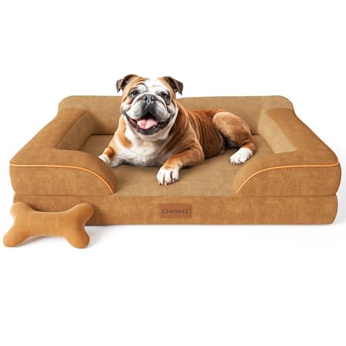 Dog Beds for Large Dogs, Orthopedic Dog Bed with Cooling Gel Memory Foam, Waterproof Large Pet Bed with Removable Washable Cover, 36" Pet Sofa Couch Dutch Velvet with Bone Toy, Brown