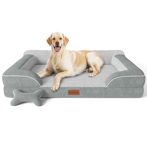 Jumbo Dog Beds for Extra Large Dogs, Orthopedic Dog Bed with Cooling Gel Memory Foam, Waterproof Pet Bed with Removable Washable Cover, 45" Pet Sofa Couch Velvet with Bone Toy, Light Gray
