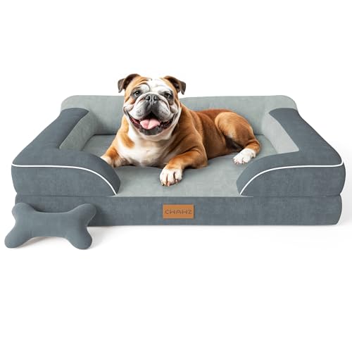 Dog Beds for Large Dogs, Orthopedic Dog Bed with Cooling Gel Memory Foam, Waterproof Large Pet Bed with Removable Washable Cover, 36" Pet Sofa Couch Dutch Velvet with Bone Toy, Dark Gray