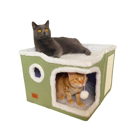 Cat Bed for Indoor Cats,Covered Cat Cave House & Furniture with Scratch Pad,Foldable Cat Hideaway Hut Cute Cat Condo with Soft Washable Mat for Multi Small Pet Under 30 lbs,Green