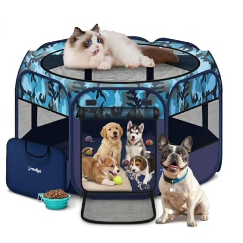 Dog Playpen, Pet Playpen, Portable Cat Playpen, Pop Up Foldable Puppy Playpen Exercise Kennel Tent with Carry Case Collapsible Bowl,Water-Resistant Shade Cover for Outdoor Indoor Travel (Large)