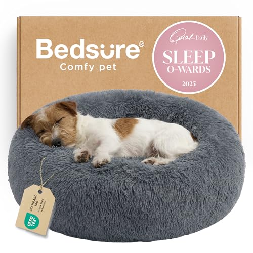 Bedsure Calming Dog Bed for Small Medium Dogs - Donut Washable Medium Pet Bed, 27 inches Anti-Slip Round Fluffy Plush Faux Fur Cat Bed, Dark Grey