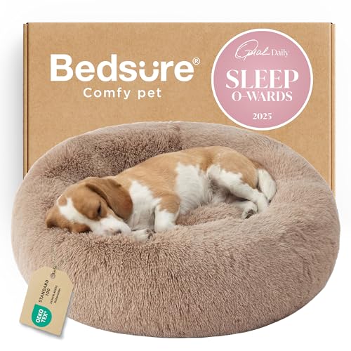 Bedsure Calming Dog Bed Medium Large Size Dogs - Donut Washable Large Pet Bed, 33 inches Anti-Slip Round Fluffy Plush Faux Fur Dog Bed, Camel