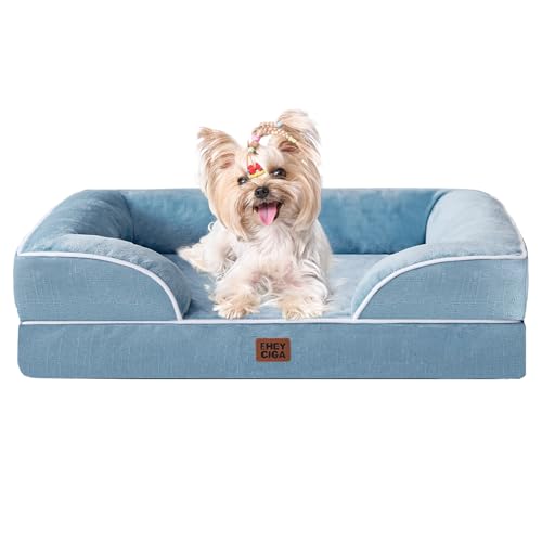 EHEYCIGA Orthopedic Dog Bed for Small Dogs, Waterproof Memory Foam Small Dog Beds with Sides, Non-Slip Bottom and Egg-Crate Foam Medium Pet Couch Bed with Washable Removable Cover, Washed Blue