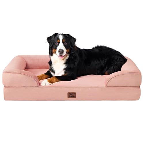 EHEYCIGA Orthopedic XL Dog Beds, Waterproof Memory Foam Dog Bed for Extra Large Dogs, Non-Slip Bottom and Egg-Crate Foam Big Pet Couch Bed with Washable Removable Cover, Dusty Pink