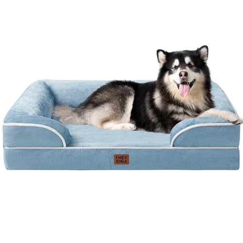 EHEYCIGA Orthopedic XL Dog Beds, Waterproof Memory Foam Dog Bed for Extra Large Dogs, Non-Slip Bottom and Egg-Crate Foam Big Pet Couch Bed with Washable Removable Cover, Washed Blue