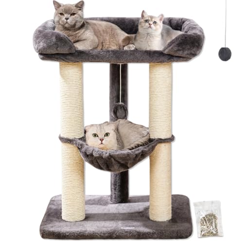 Happi N Pets 28" Cat Tree Tower for Indoor Cats, Tall Cat Scratching Post with Large Bed for Maine Coon Big Cats, Sisal Cat Scratcher with Soft Perch & Hammock, Removable Cover-Gray
