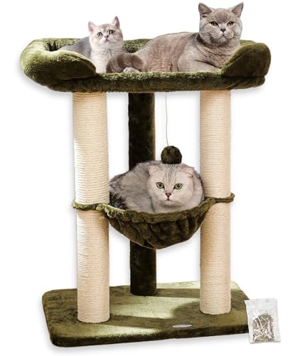 Happi N Pets 28" Large Cat Tree Tower for Indoor Cats, Cat Scratch Post with Large Bed for Maine Coon Big Cats, Sisal Cat Scratcher with Soft Perch & Hammock, Stable Cat Stand, Removable Cover-Green