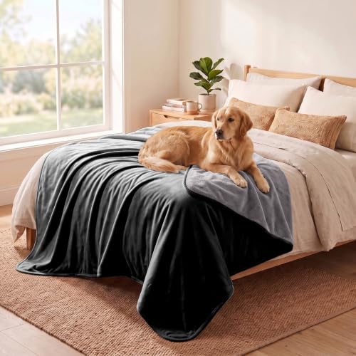 Waterproof Blanket for Bed Protection, Washable Dog Blankets for Couch, Soft Reversible Pet Throw Furniture Protector Cover for Sofa-82"x120",Black+Lightgrey
