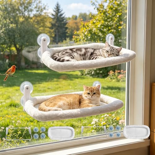 L&W BROS. 2PC Cat Window Perch Cushion Bed Cat Window Hammock with 4 Updated Suction Cups Easy to Assemble Cat Window Bed for Heavy Large Cats (L 2Pc)