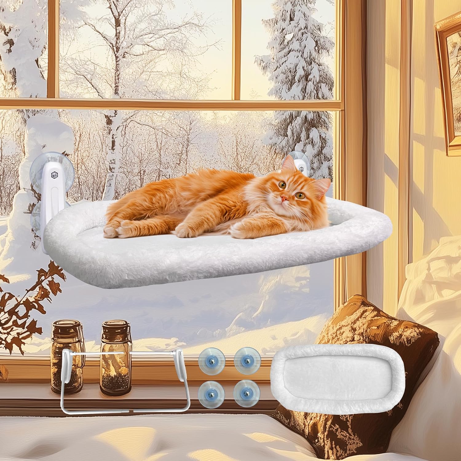 L&W BROS. Cat Window Perch, Foldable Cat Hammock for Window, Stable Window Shelves for Indoor Cats, Set Includes 2 Pack of Window Stairs