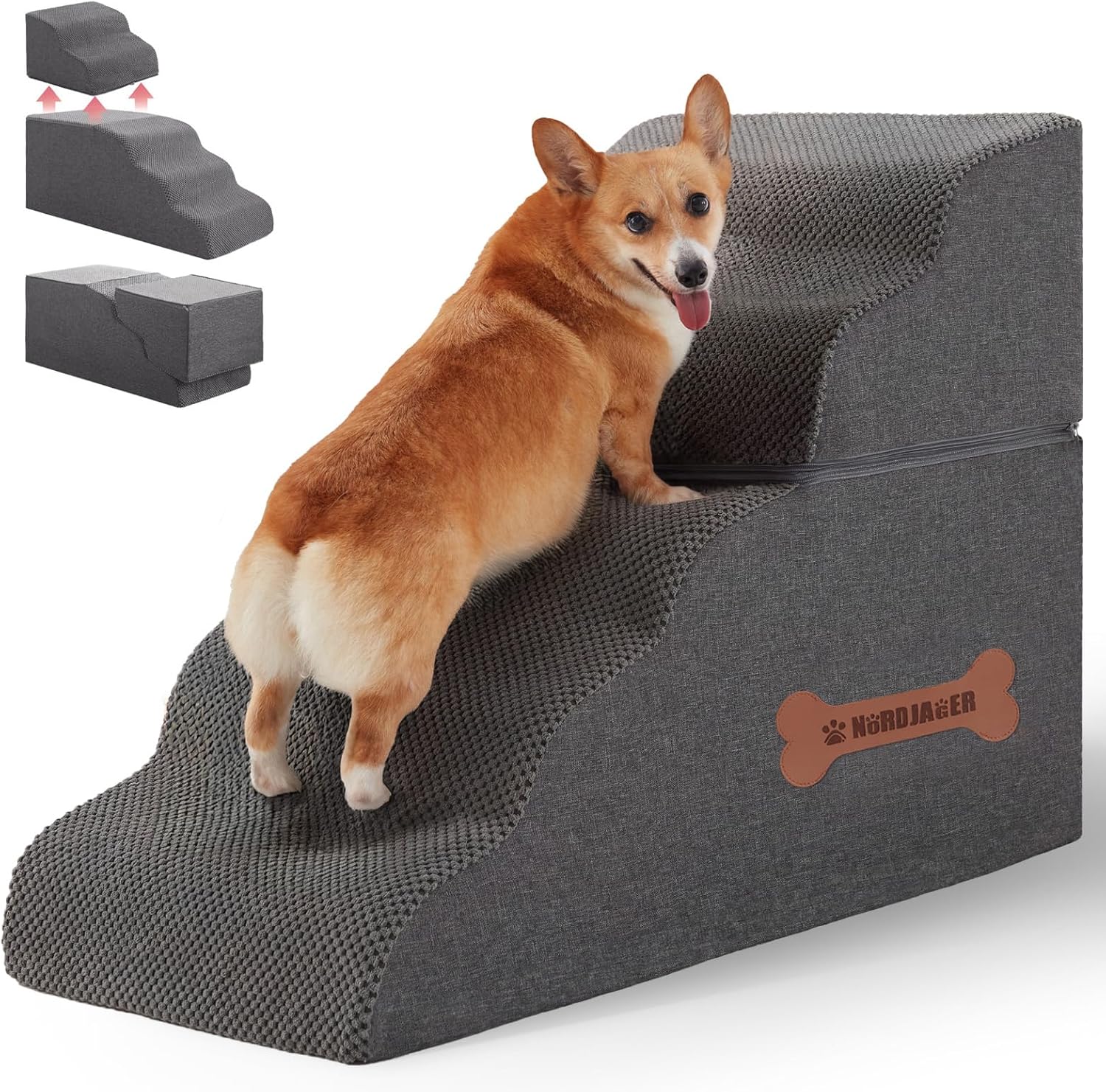 5-Step Spliceable Pet Stairs: Indoor& Outdoor Multi-Use with a Removable Cover and a Pocket, Best for Small Pets and Older Dogs Who Has Spine and Arthritis Issues to Get on High Beds, Grey(22.8" H