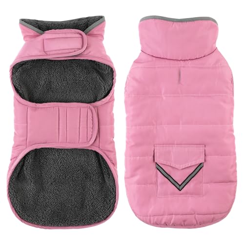 Dog Coat, Waterproof Dog Winter Jacket with Pocket, Reflective Adjustable Pet Snow Vest, Warm Cozy Fleece Sweater for Small Medium Extra Large Dogs - Light Pink, XL
