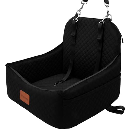 Car Dog Seat with 2 Safety Leashes,Dog Car Booster Seat for Small Medium Dogs 0-28lbs,Pet Car Travel Safety Bed with Storage Pockets,Non-Slip Bottom,Fully Detachable and Easy to Install(S1-Black)