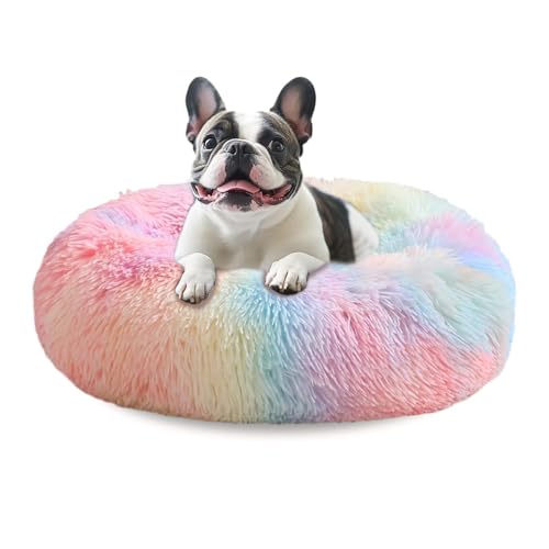 JOLLYVOGUE Large Calming Dog Bed, Anti-Anxiety Donut Cuddler Cat Bed with Anti-Slip Bottom, Fluffy Faux Fur Machine Washable Pet Cushion for Medium Large Dog & Cat, 36"/Rainbow