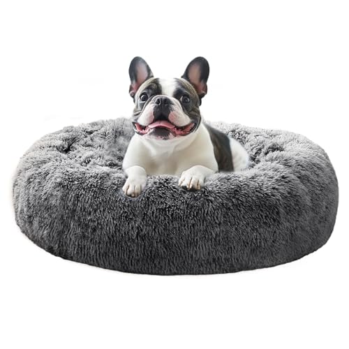 JOLLYVOGUE Large Calming Dog Bed, Anti-Anxiety Donut Cuddler Cat Bed with Anti-Slip Bottom, Fluffy Faux Fur Machine Washable Pet Cushion for Medium Large Dog & Cat, 36"/Smoke Black