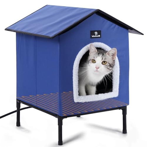 Elevated Heated Cat Houses for Outdoor Cats in Winter, Weatherproof Heated Cat Bed Kitty Shelter with Cat Heating Pad, Warm Home for Outside Feral Barn Stray Cat,Easy to Assemble.