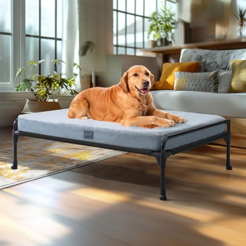 Veehoo Elevated Raised Dog Bed+Removable Dog Cot Mat-Cooling Outdoor Large Pet Bed Three-Sided Guardrail Raised Pet Cot Hammock Bed with Bolster-41 x 27" Black