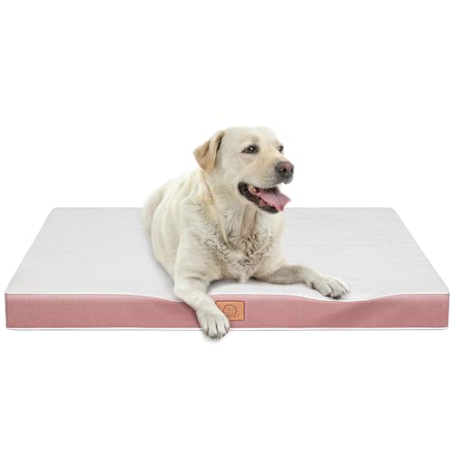 Orthopedic Dog Bed for Extra Large Dogs, XXL Waterproof Deluxe Plush Dog Crate Bed with Removable Washable Cover & Anti-Slip Bottom, Egg Crate Foam Pet Bed Mat, 44 x 32 Inches, Pink