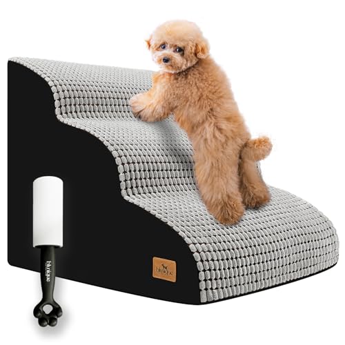 Dog Stairs for Small Dogs, 15.8 in H 3 Step Curved Dog Ramp for High Bed and Couch, Foam Dog Ramp with Durable Non-Slip Waterproof Fabric Cover, Pet Stairs for Pets Joints, Light Grey