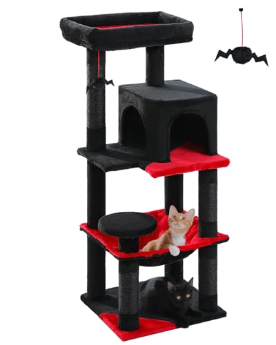 Gothic Cat Tree with Super Large Hammock, 45.7" Black Cat Tower with Coffin Bed, Cat Condo, Sisal Scratching Posts & Top Perch, Multi-Level Goth Cat Tree, Halloween, Black