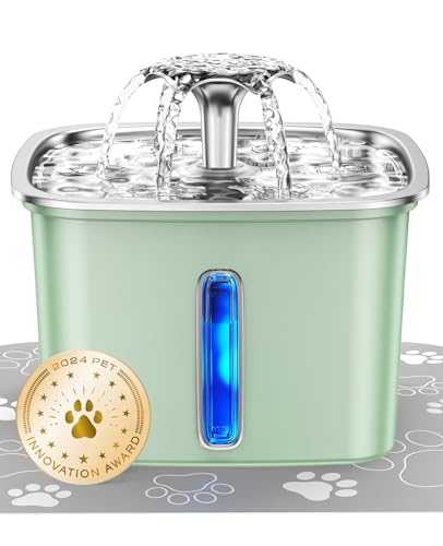 Veken Innovation Award Winner Stainless Steel Cat Water Fountain, 95oz/2.8L Automatic Pet Fountain Dog Water Dispenser with Replacement Filters & Silicone Mat for Cats, Dogs, Multiple Pets (Tea Green)