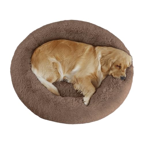 39'' inch Calming Dog Bed, Plush Anti-Anxiety Donut Dog Bed for Medium Large Dogs, Warming Cozy Soft Cute Round Washable, Marshmallow Cuddler Nest Pet Bed, Brown