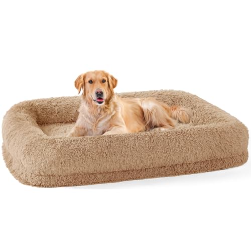 Calming Dog Beds for Large Sized Dogs - Orthopedic Fluffy Pet Bed, Donut Waterproof Pet Sofa with Washable Removable Cover, Supportive Egg Foam and Nonskid Bottom, Camel
