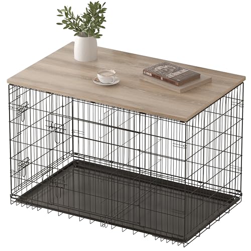 Piskyet Dog Crate Topper Wood Countertop for 48 42 36 30 24 inch Dog Cage, Dog Crate Cover,Dog Kennel Topper(Crate Not Include) (Grey, for 36 Inch Crate)