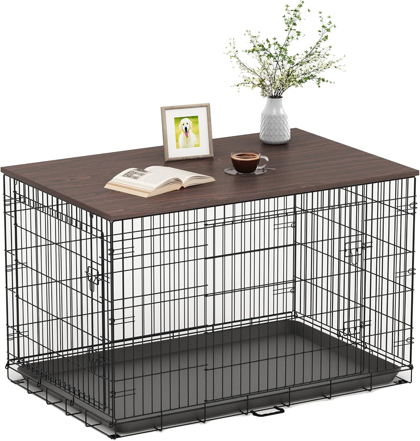 Piskyet Dog Crate Topper Wood Countertop for 48 42 36 30 24 inch Dog Cage, Dog Crate Cover,Dog Kennel Topper(Crate Not Include) (Walnut, for 48 Inch Crate)