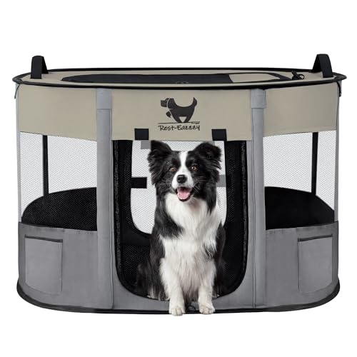 Rest-Eazzzy Dog Playpen, Foldable Kitten Playpen for Medium Dogs, Portable Pet Puppy Playpen with Removable Shade Cover, Indoor Outdoor Travel Camping Use for Small Pets with Carrying Case (M, Grey)