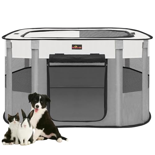 Dog Playpen, Pet Playpen, Foldable Kitten cage Puppy Play Pen, Portable Dog Kennel Tent Crate, Indoor Outdoor Travel Camping Use for Small Animals with Carrying Case (Grey M)